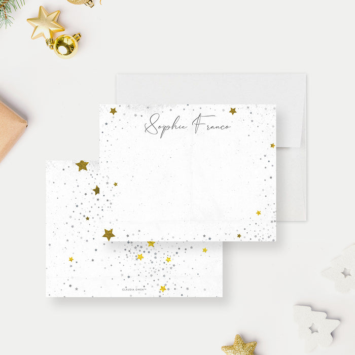 Personalized holiday note cards with star design for Christmas thank you cards and festive stationery-front-back