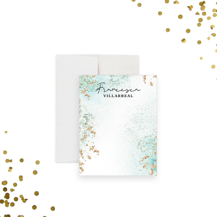 Personalized teal watercolor note card with gold accents and custom name, ideal for thank-you notes and party favors.-front