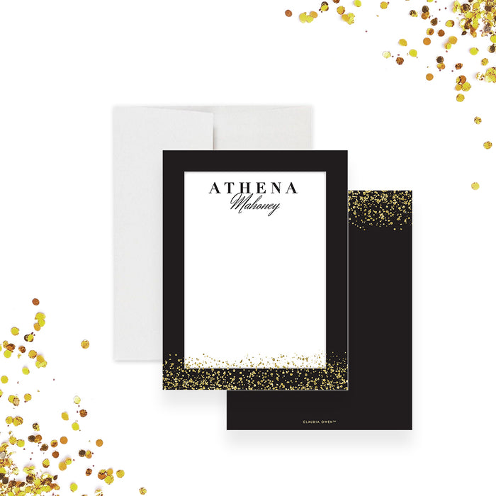 Personalized thank you note card with black and gold accents, elegant stationery-front-back