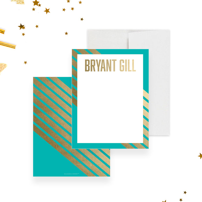 Personalized turquoise and gold note cards with modern striped design and custom name-front-back