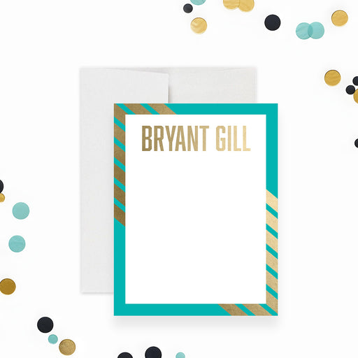 Personalized turquoise and gold note cards with modern striped design and custom name-front