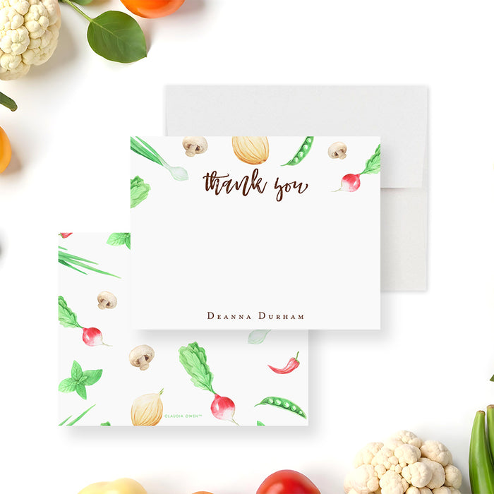 Personalized thank you card with vegetable illustrations, ideal for dinner parties, food themed celebrations, and custom stationery.-front-back