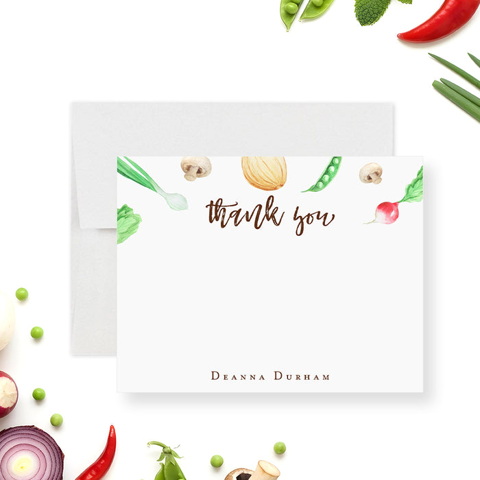 Personalized thank you card with vegetable illustrations, ideal for dinner parties, food themed celebrations, and custom stationery.-front