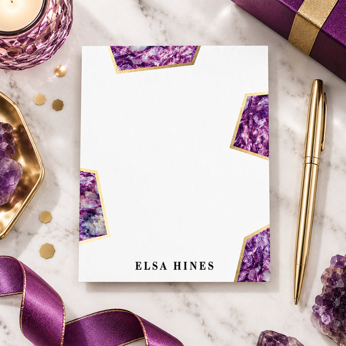 Elegant personalized birthday note card with purple gemstone design-front