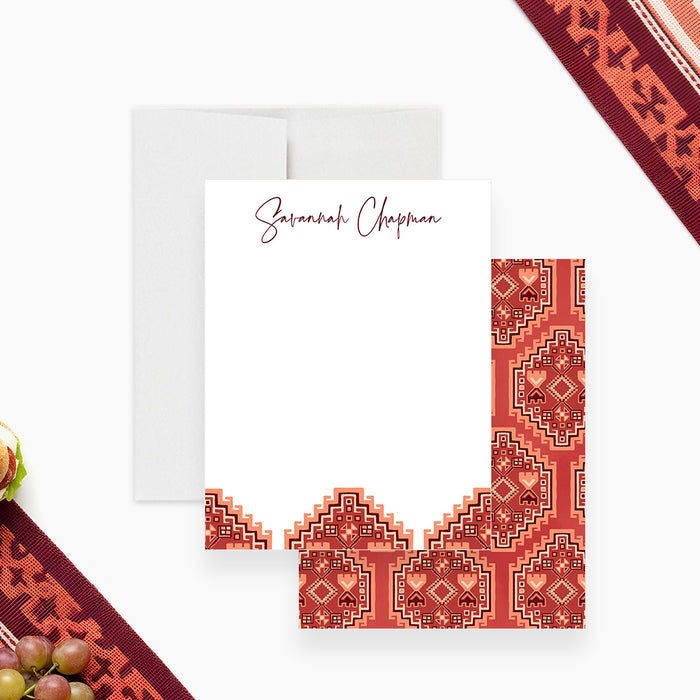Personalized note card with a custom name and a red patterned border, perfect for thank you notes, gifts, and everyday stationery-front-back