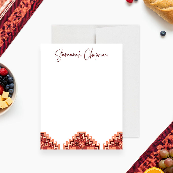 Personalized note card with a custom name and a red patterned border, perfect for thank you notes, gifts, and everyday stationery-front