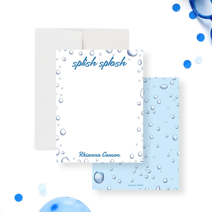 Splish splash thank you card with water drop design for kids pool party birthday celebration with blue summer theme stationery-front-back