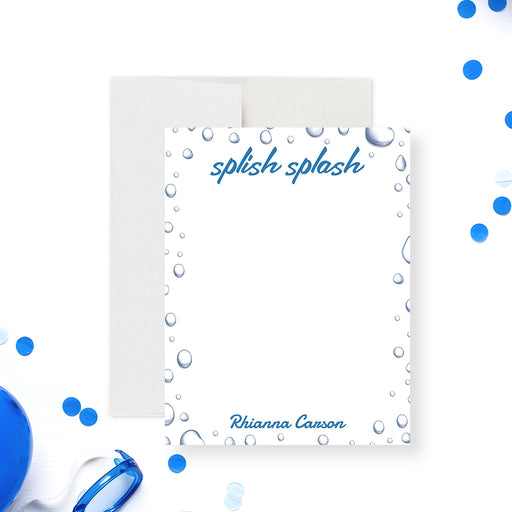 Splish splash thank you card with water drop design for kids pool party birthday celebration with blue summer theme stationery-front
