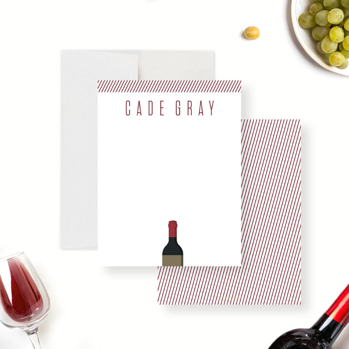 personalized wine tasting thank you card with a wine bottle design, striped red accents, and custom name-front-back