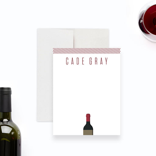 personalized wine tasting thank you card with a wine bottle design, striped red accents, and custom name-front