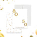 Personalized joint 50th and 80th milestone birthday thank you note card with gold balloon numbers, customizable for any two ages-front-back