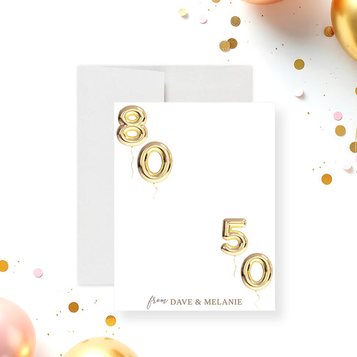 Personalized joint 50th and 80th milestone birthday thank you note card with gold balloon numbers, customizable for any two ages-front