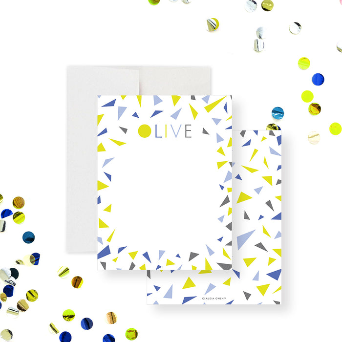 Personalized note card featuring a colorful confetti border, perfect for any occasion as a customizable stationery gift.-front-back