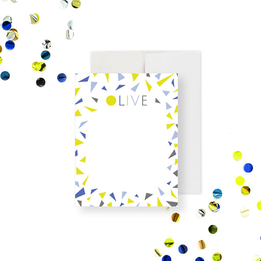 Personalized note card featuring a colorful confetti border, perfect for any occasion as a customizable stationery gift.-front