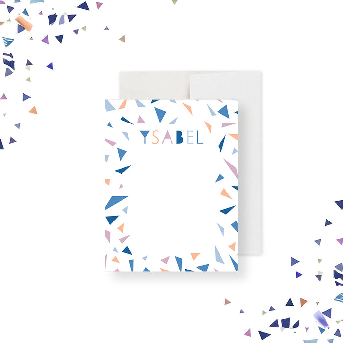 Colorful confetti personalized note card, perfect as a thank you card for celebrating cancer-free milestones and survivor achievements.-front