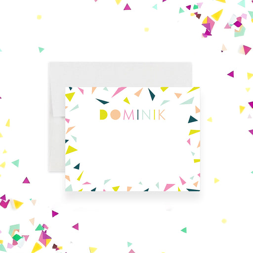 Personalized thank you card with colorful confetti; its modern design makes it suitable for all ages.-front