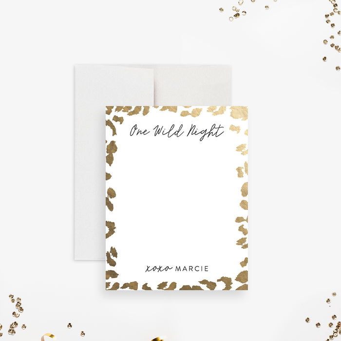 Personalized bachelorette note card with an elegant leopard-print border and "One Wild Night" design-front