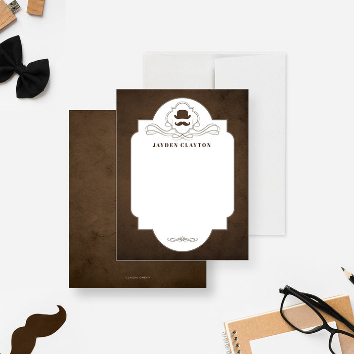 Vintage brown thank you card featuring a mustache and top-hat design, ideal as masculine stationery for any men’s event.-front-back