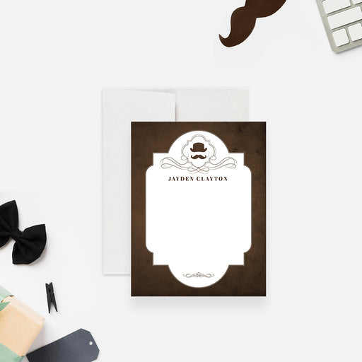 Vintage brown thank you card featuring a mustache and top-hat design, ideal as masculine stationery for any men’s event.-front