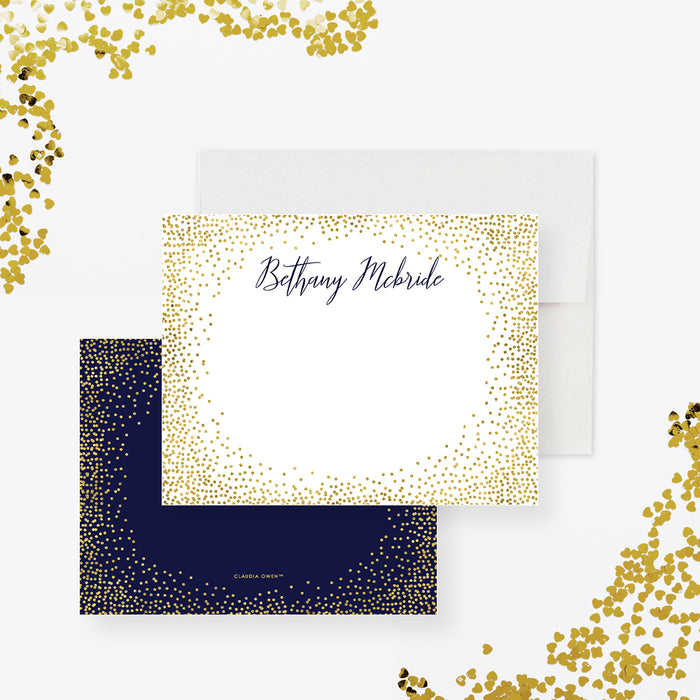 Personalized gold confetti note card featuring a custom name in script font, ideal as an elegant birthday gift.-front-back