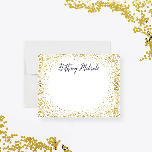 Personalized gold confetti note card featuring a custom name in script font, ideal as an elegant birthday gift.-front