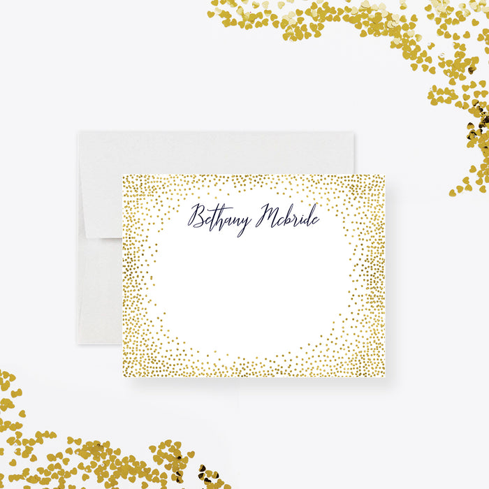 Personalized gold confetti note card featuring a custom name in script font, ideal as an elegant birthday gift.-front