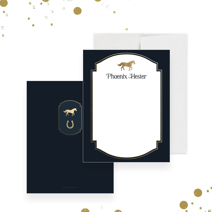 Kentucky Derby note card with navy and gold border, horse illustration, and custom name -front-back
