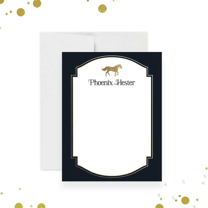 Kentucky Derby note card with navy and gold border, horse illustration, and custom name -front