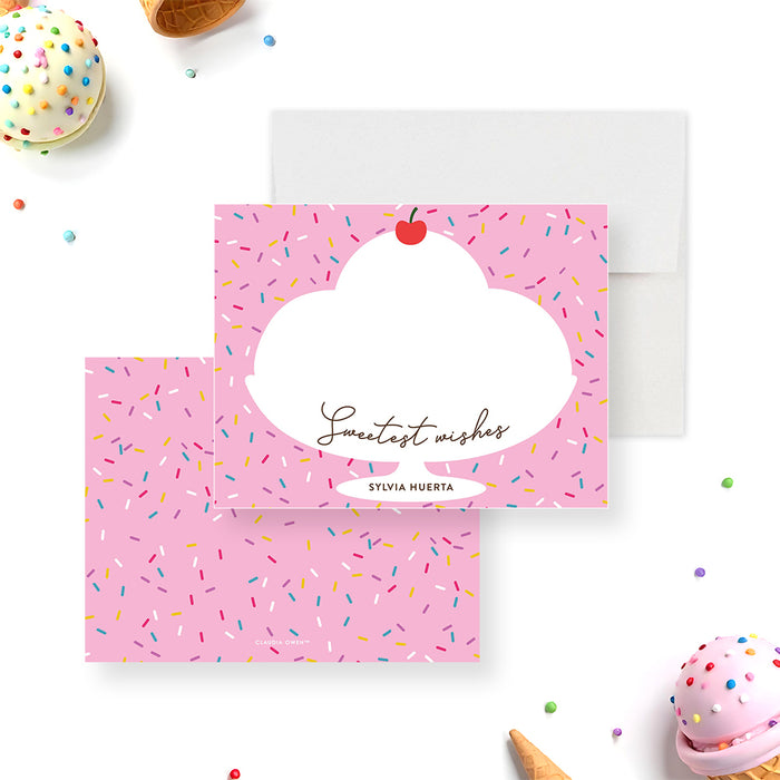 Ice cream-themed personalized thank you note card with colorful sprinkles and a cherry on top design for a kids' birthday party-front-back