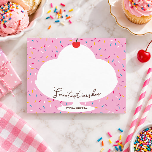 Ice cream-themed personalized thank you note card with colorful sprinkles and a cherry on top design for a kids' birthday party-front