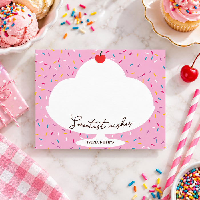 Ice cream-themed personalized thank you note card with colorful sprinkles and a cherry on top design for a kids' birthday party-front