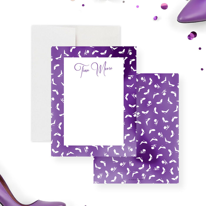 Purple personalized note card featuring a stiletto heels pattern and elegant script name design, perfect for a bachelorette thank-you message.-front-back