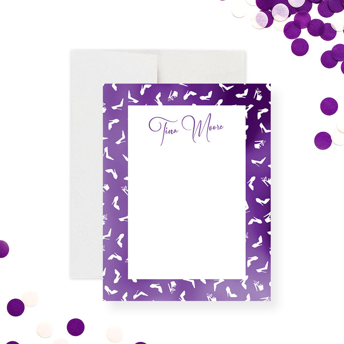 Purple personalized note card featuring a stiletto heels pattern and elegant script name design, perfect for a bachelorette thank-you message.-front