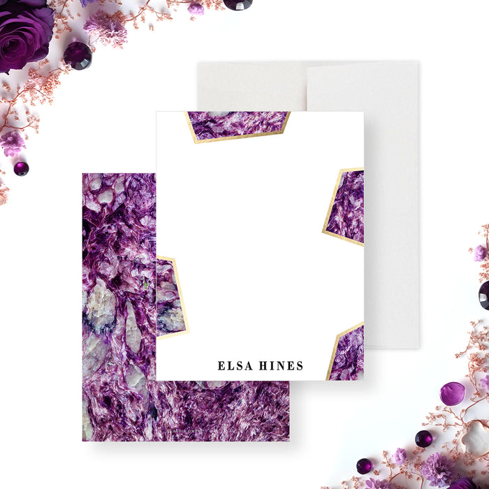 Elegant personalized birthday note card with purple gemstone design-front-back