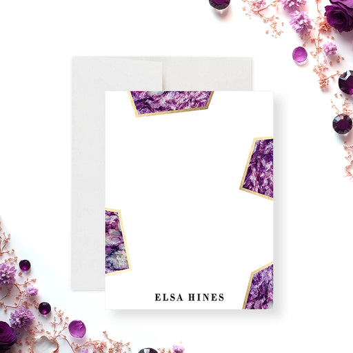 Elegant personalized birthday note card with purple gemstone design-front