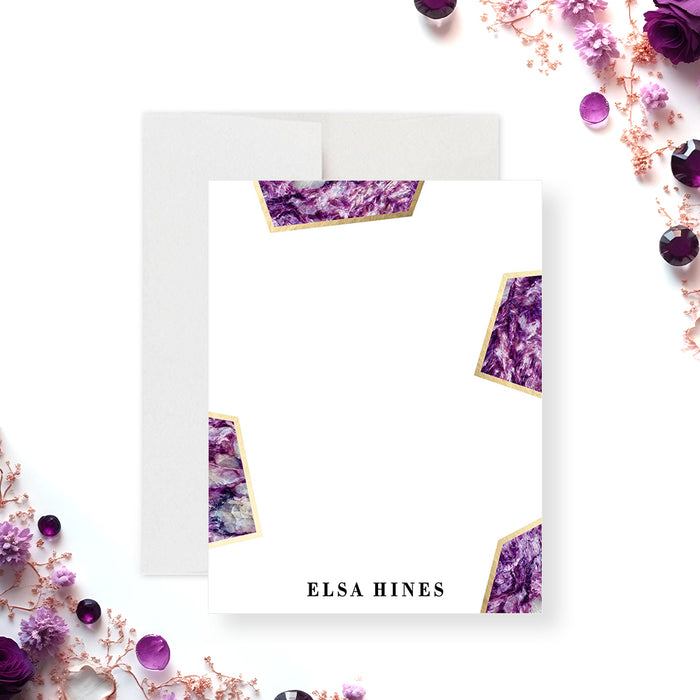 Elegant personalized birthday note card with purple gemstone design-front