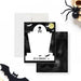 Halloween thank you card featuring a tombstone, bats, a full moon, and a skull illustration, a spooky season keepsake card-front-back