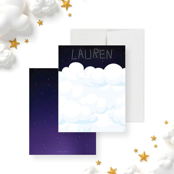 Personalized starry night sky note card with constellation name and cloud illustration-front-back
