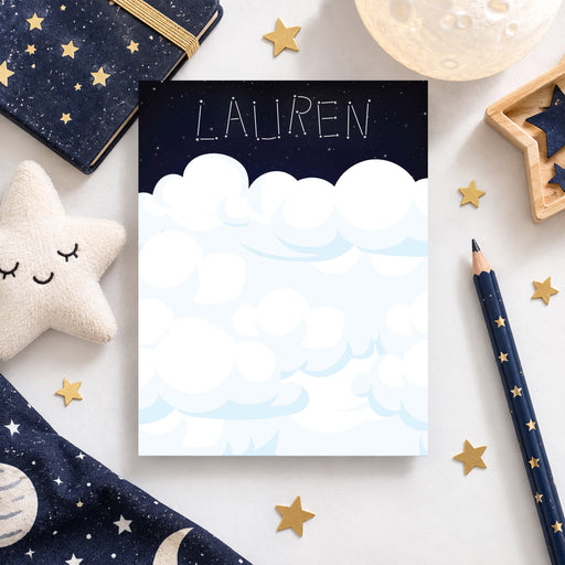 Personalized starry night sky note card with constellation name and cloud illustration-front