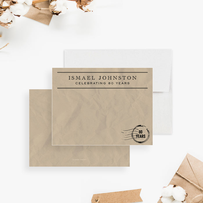 Vintage personalized note card in telegram style with “Celebrating 80 Years” message, ideal for retro, rustic, or classic themes.-front-back