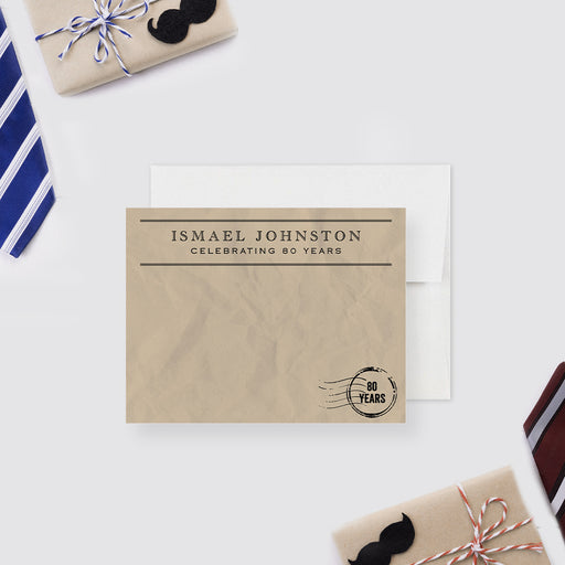 Vintage personalized note card in telegram style with “Celebrating 80 Years” message, ideal for retro, rustic, or classic themes.-front