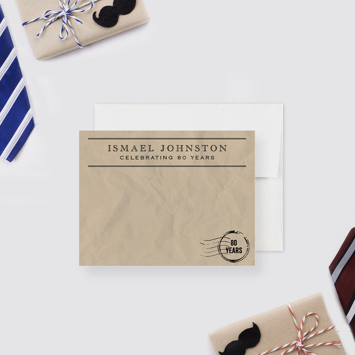 Vintage personalized note card in telegram style with “Celebrating 80 Years” message, ideal for retro, rustic, or classic themes.-front