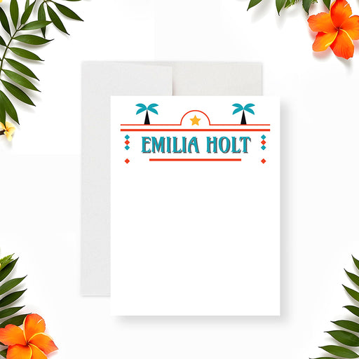 Personalized tropical note card featuring a retro Havana-style illustration and palm tree accents-front