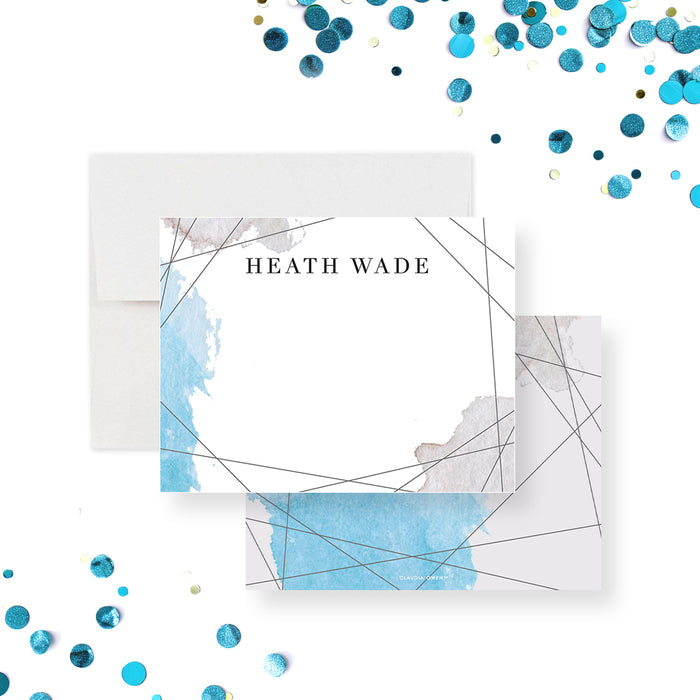 Personalized note card featuring modern watercolor artwork in blue and neutral tones with clean minimal line accents.-front-back