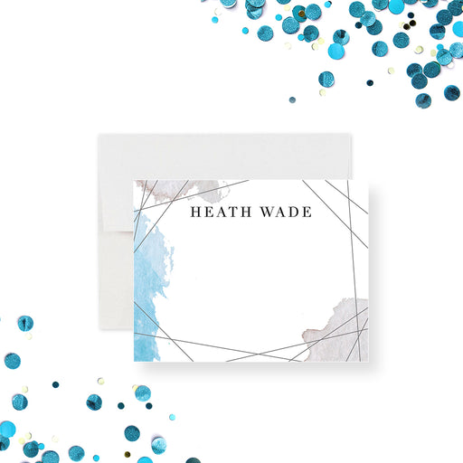 Personalized note card featuring modern watercolor artwork in blue and neutral tones with clean minimal line accents.-front