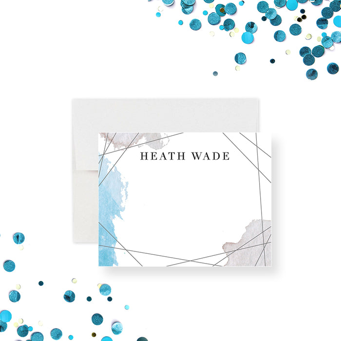 Personalized note card featuring modern watercolor artwork in blue and neutral tones with clean minimal line accents.-front