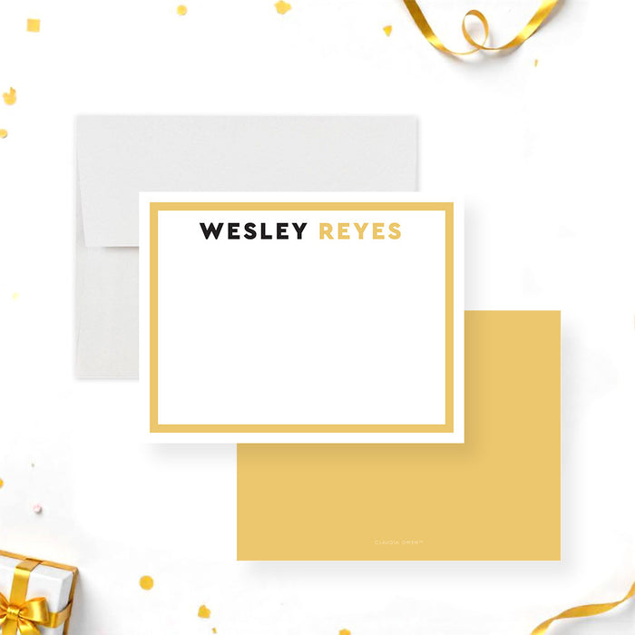 Modern yellow and black personalized mens note card with custom name-front-back