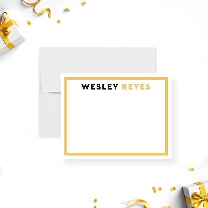Modern yellow and black personalized mens note card with custom name-front