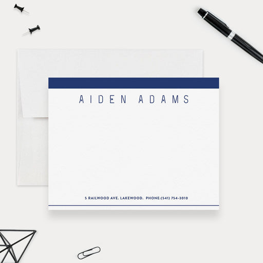 Personalized note cards for men in blue with name and contact info
