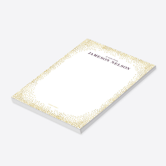 Personalized notepad featuring an elegant gold confetti border and custom name, perfect as a professional office stationery gift.-side